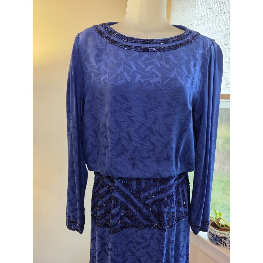 Vintage 80s Satin Print Royal Blue Maxi Cocktail Dress Open Back Sz.8/10 (M) - Picture 8 of 15